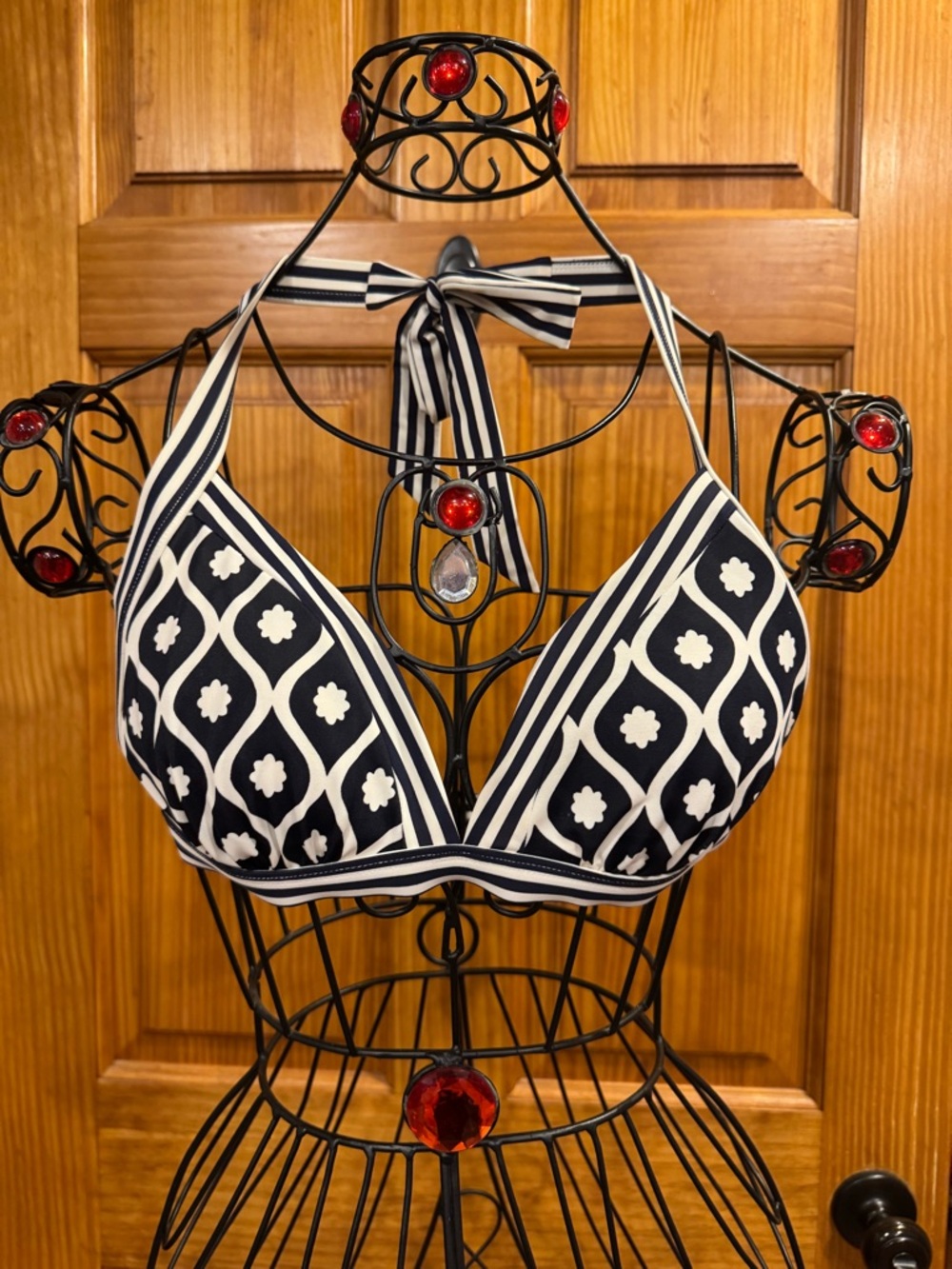 BODEN Ischia Halter Bikini Top Geometric Print Dark Navy Off White, Size 8 (US)
